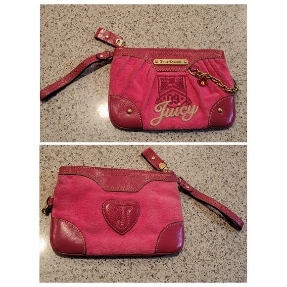 Juicy Couture Pink Velour Leather 09 Charge It! Chain Charm Y2K Wristlet Clutch - Picture 3 of 13